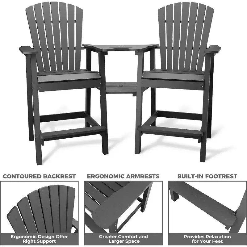 2pcs Outdoor Bar Height Adirondack Chairs with Connecting Tray, Balcony Chairs for Deck, Backyard, Outdoor Tall Adirondack Chairs Weather Resistant