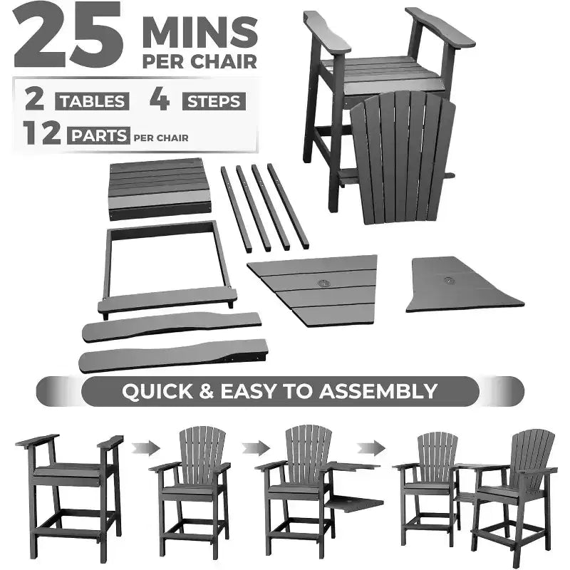 2pcs Outdoor Bar Height Adirondack Chairs with Connecting Tray, Balcony Chairs for Deck, Backyard, Outdoor Tall Adirondack Chairs Weather Resistant