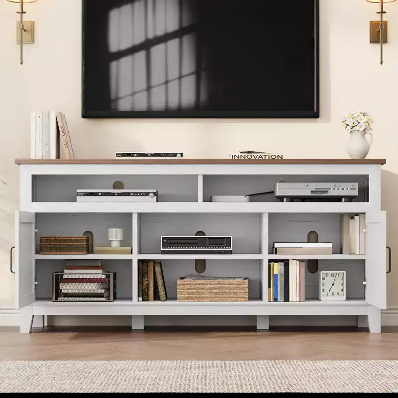 Modern 65 Inch Farmhouse Wood TV Stand,Entertainment Center Console Table, Open Double Door Cabinet & 8 Storage Shelves