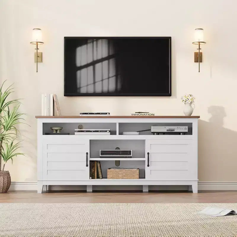 Modern 65 Inch Farmhouse Wood TV Stand,Entertainment Center Console Table, Open Double Door Cabinet & 8 Storage Shelves