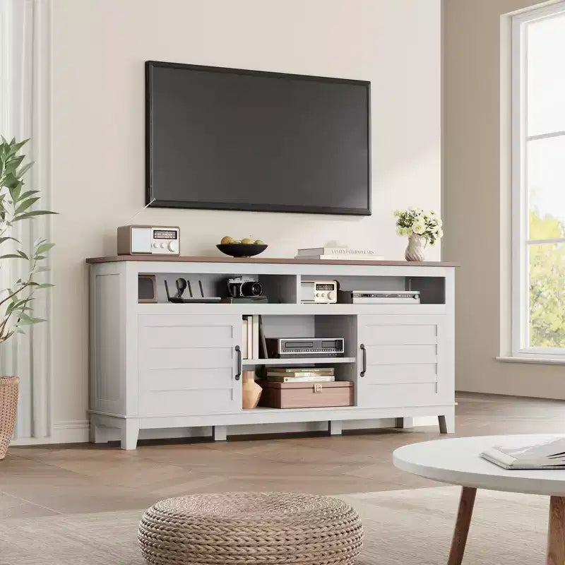 Modern 65 Inch Farmhouse Wood TV Stand,Entertainment Center Console Table, Open Double Door Cabinet & 8 Storage Shelves