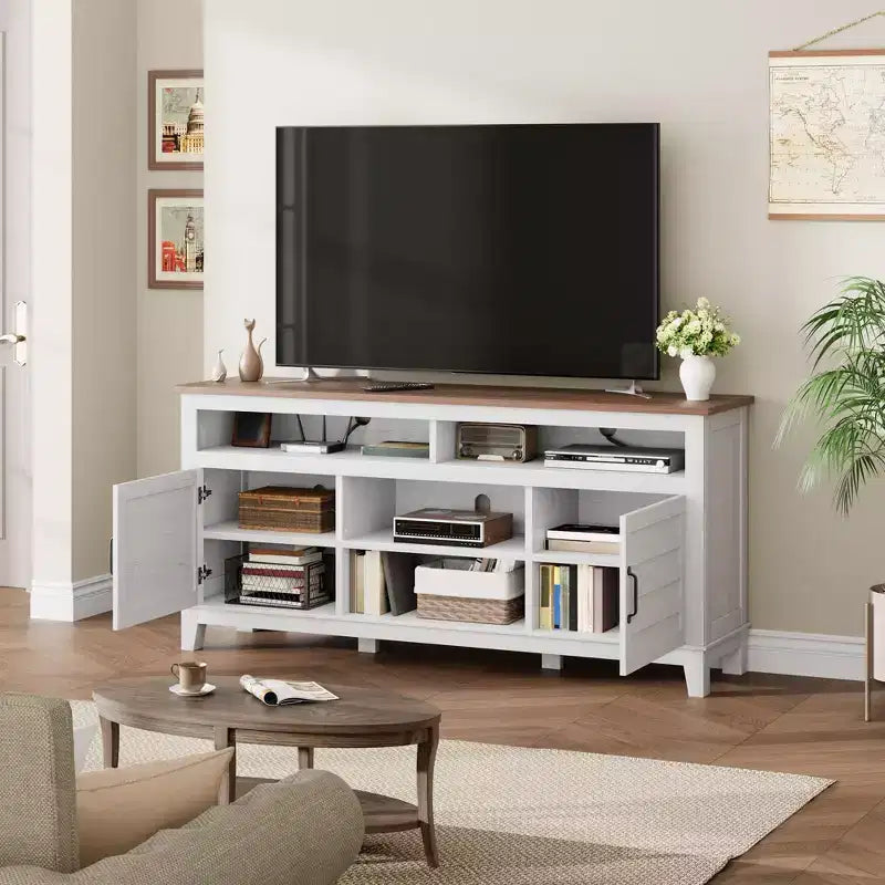 Modern 65 Inch Farmhouse Wood TV Stand,Entertainment Center Console Table, Open Double Door Cabinet & 8 Storage Shelves