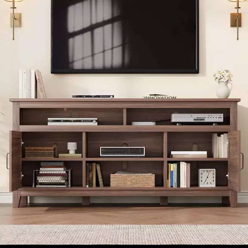 Modern 65 Inch Farmhouse Wood TV Stand,Entertainment Center Console Table, Open Double Door Cabinet & 8 Storage Shelves