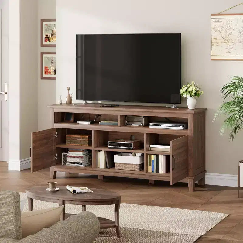 Modern 65 Inch Farmhouse Wood TV Stand,Entertainment Center Console Table, Open Double Door Cabinet & 8 Storage Shelves