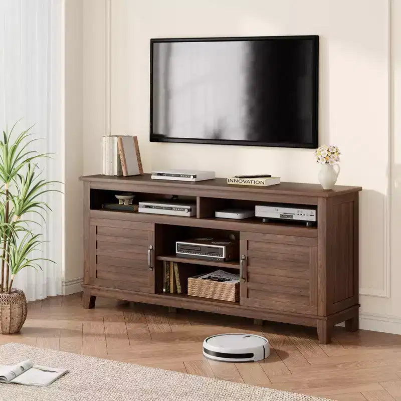 Modern 65 Inch Farmhouse Wood TV Stand,Entertainment Center Console Table, Open Double Door Cabinet & 8 Storage Shelves