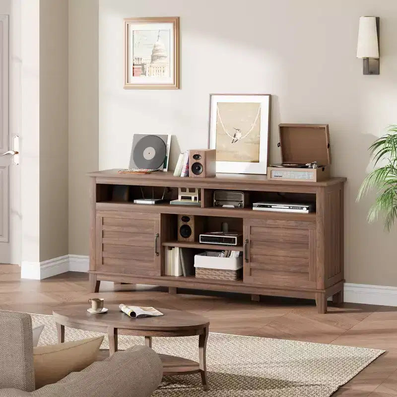 Modern 65 Inch Farmhouse Wood TV Stand,Entertainment Center Console Table, Open Double Door Cabinet & 8 Storage Shelves