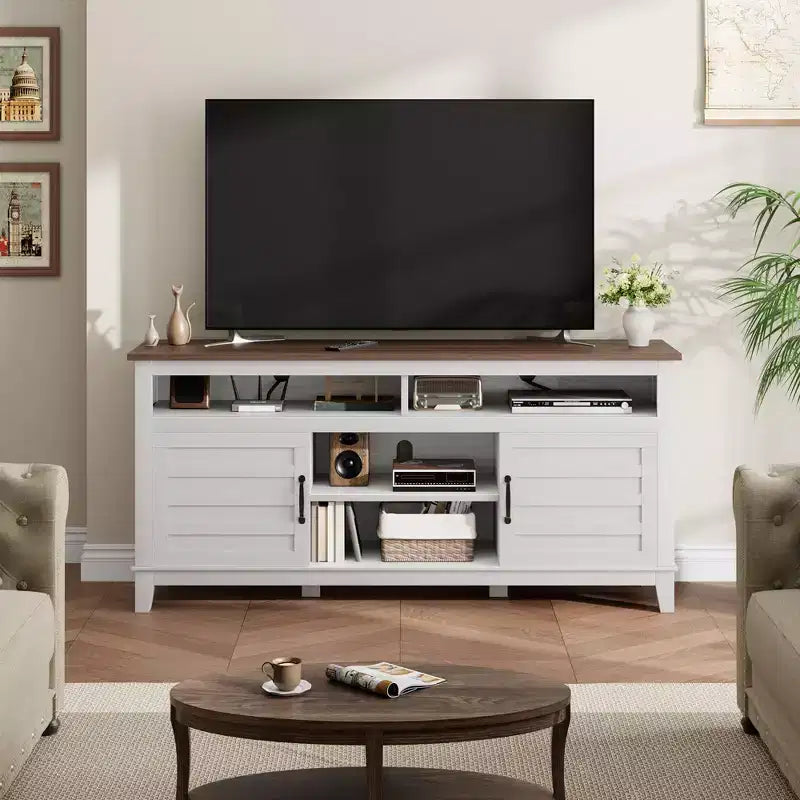 Modern 65 Inch Farmhouse Wood TV Stand,Entertainment Center Console Table, Open Double Door Cabinet & 8 Storage Shelves