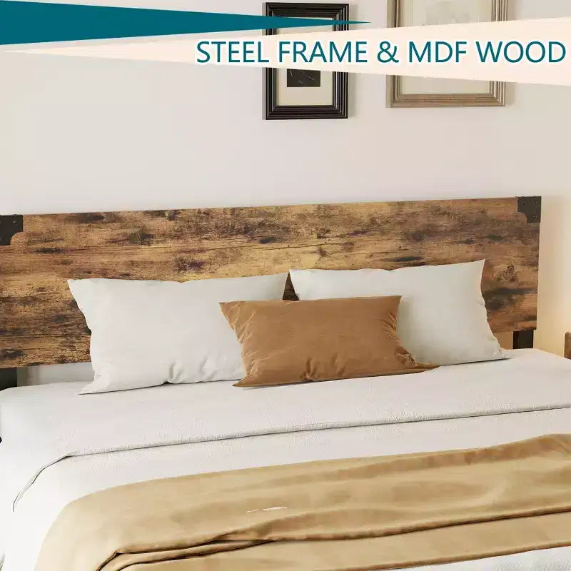 Bed Frame with Underbed Storage, Metal Support Platform Bed with Wooden Headboard, No Box Spring Needed