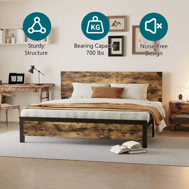 Bed Frame with Underbed Storage, Metal Support Platform Bed with Wooden Headboard, No Box Spring Needed