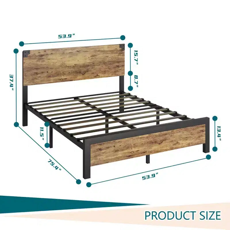 Bed Frame with Underbed Storage, Metal Support Platform Bed with Wooden Headboard, No Box Spring Needed