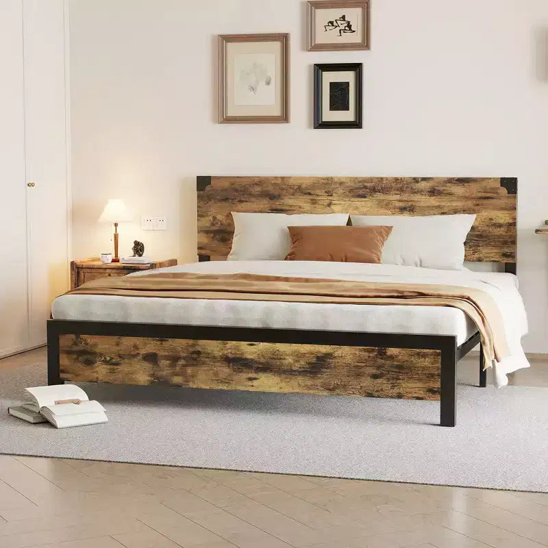 Bed Frame with Underbed Storage, Metal Support Platform Bed with Wooden Headboard, No Box Spring Needed