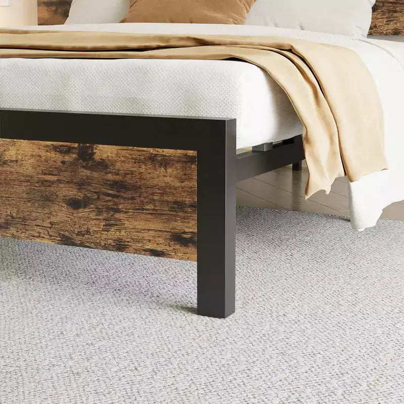 Bed Frame with Underbed Storage, Metal Support Platform Bed with Wooden Headboard, No Box Spring Needed