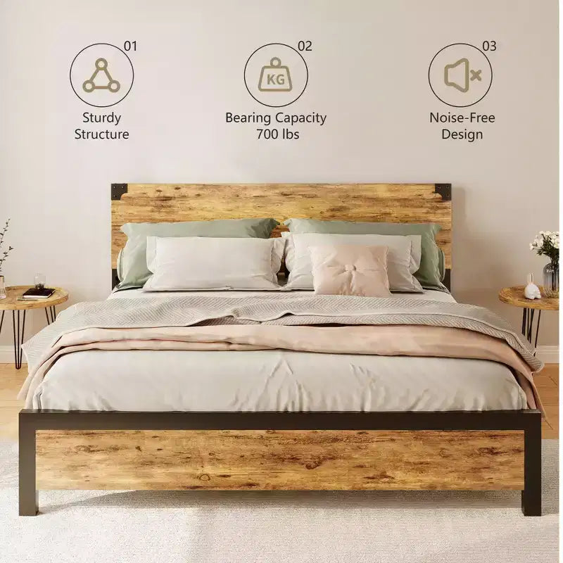 Bed Frame with Underbed Storage, Metal Support Platform Bed with Wooden Headboard, No Box Spring Needed