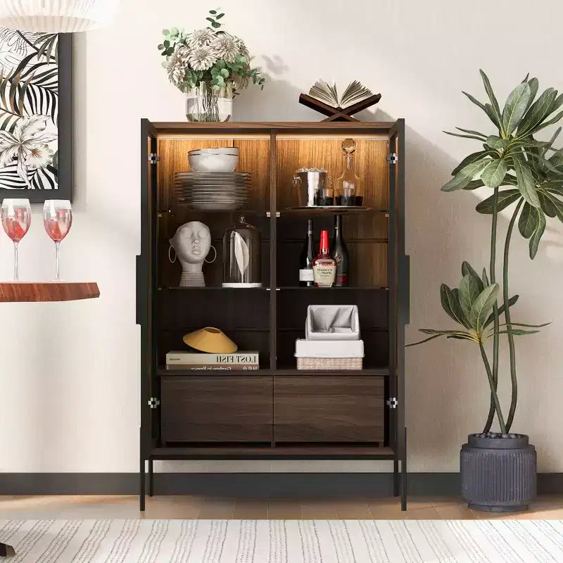Okak Freestanding Sideboard Pantry Cabinet with Glass Door & LED, 4-Tier Display Curio Cabinet with 2 Drawers for Living Room Kitchen