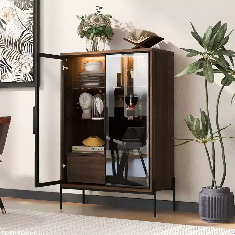 Okak Freestanding Sideboard Pantry Cabinet with Glass Door & LED, 4-Tier Display Curio Cabinet with 2 Drawers for Living Room Kitchen