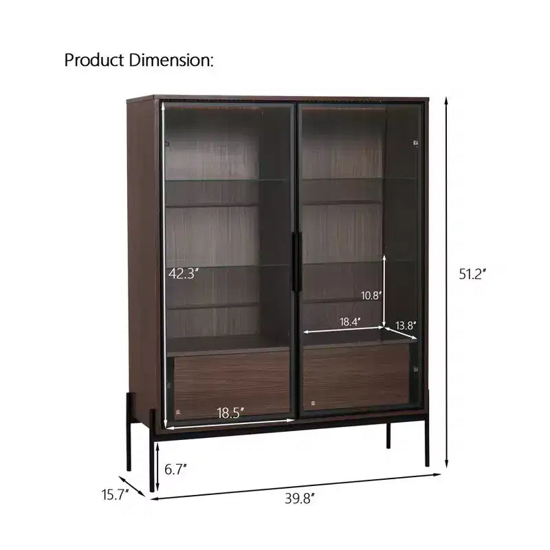 Okak Freestanding Sideboard Pantry Cabinet with Glass Door & LED, 4-Tier Display Curio Cabinet with 2 Drawers for Living Room Kitchen