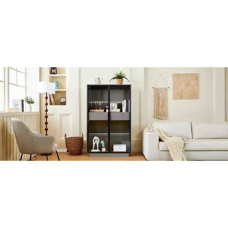 Okak Freestanding Sideboard Pantry Cabinet with Glass Door & LED, 4-Tier Display Curio Cabinet with 2 Drawers for Living Room Kitchen