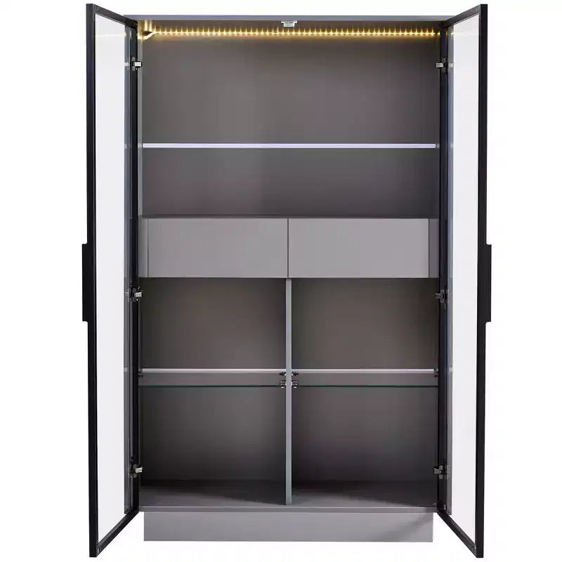Okak Freestanding Sideboard Pantry Cabinet with Glass Door & LED, 4-Tier Display Curio Cabinet with 2 Drawers for Living Room Kitchen