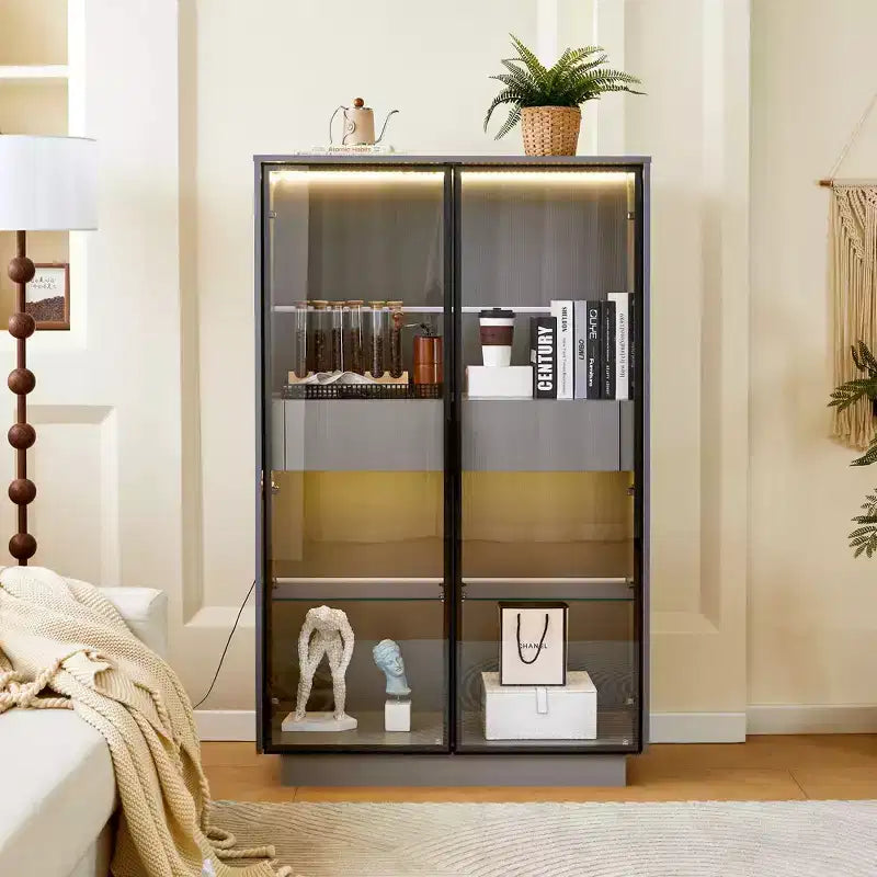 Okak Freestanding Sideboard Pantry Cabinet with Glass Door & LED, 4-Tier Display Curio Cabinet with 2 Drawers for Living Room Kitchen