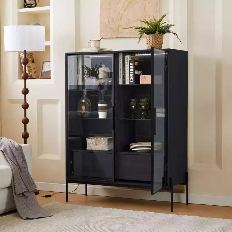 Okak Freestanding Sideboard Pantry Cabinet with Glass Door & LED, 4-Tier Display Curio Cabinet with 2 Drawers for Living Room Kitchen