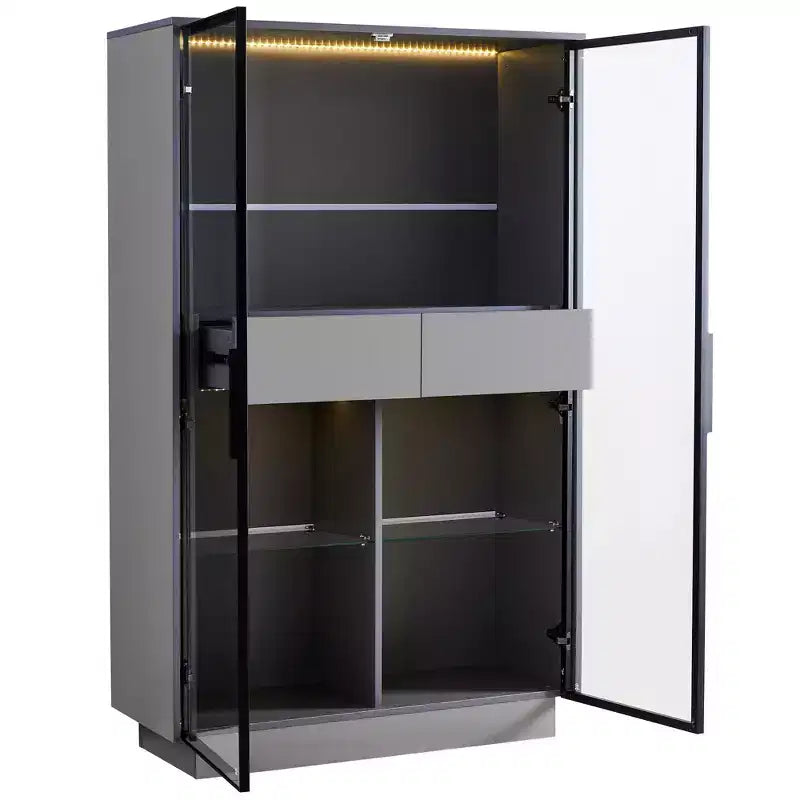 Okak Freestanding Sideboard Pantry Cabinet with Glass Door & LED, 4-Tier Display Curio Cabinet with 2 Drawers for Living Room Kitchen