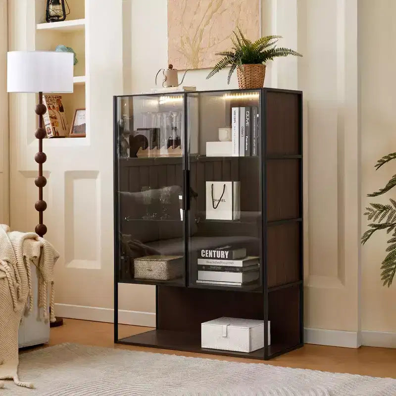 Okak Freestanding Sideboard Pantry Cabinet with Glass Door & LED, 4-Tier Display Curio Cabinet with 2 Drawers for Living Room Kitchen