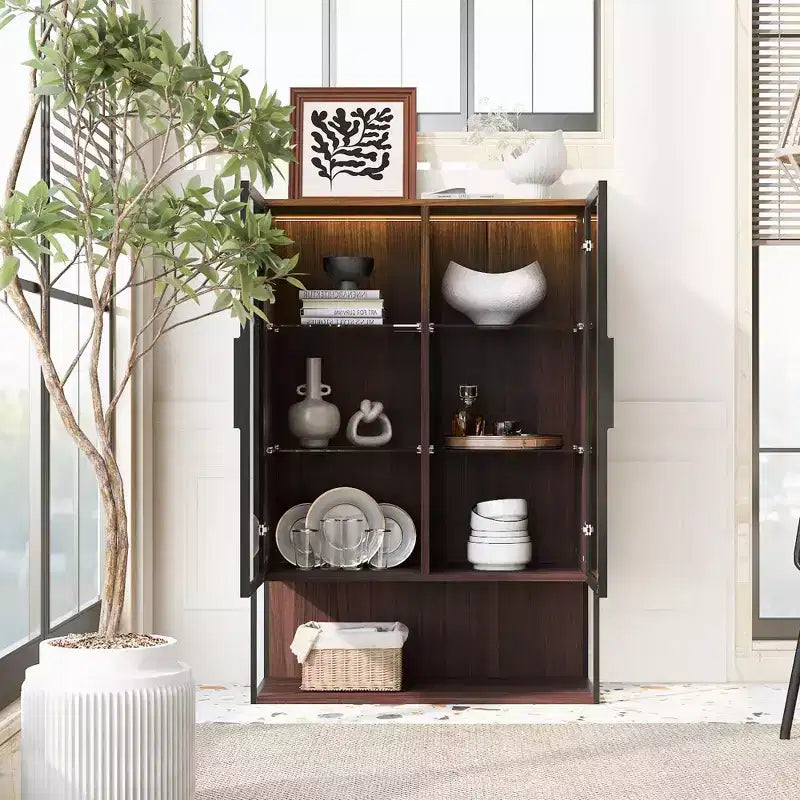 Okak Freestanding Sideboard Pantry Cabinet with Glass Door & LED, 4-Tier Display Curio Cabinet with 2 Drawers for Living Room Kitchen