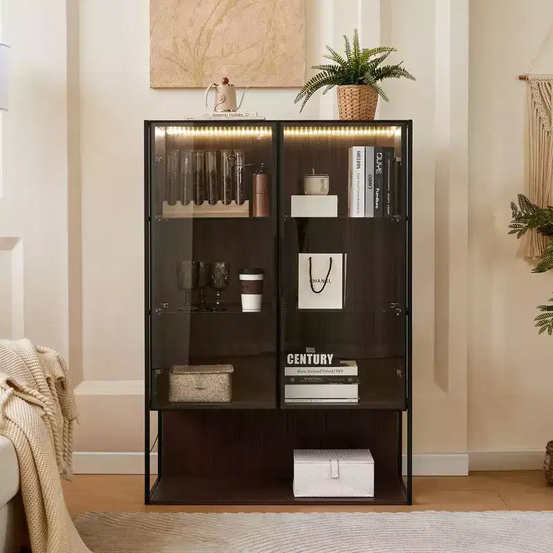 Okak Freestanding Sideboard Pantry Cabinet with Glass Door & LED, 4-Tier Display Curio Cabinet with 2 Drawers for Living Room Kitchen