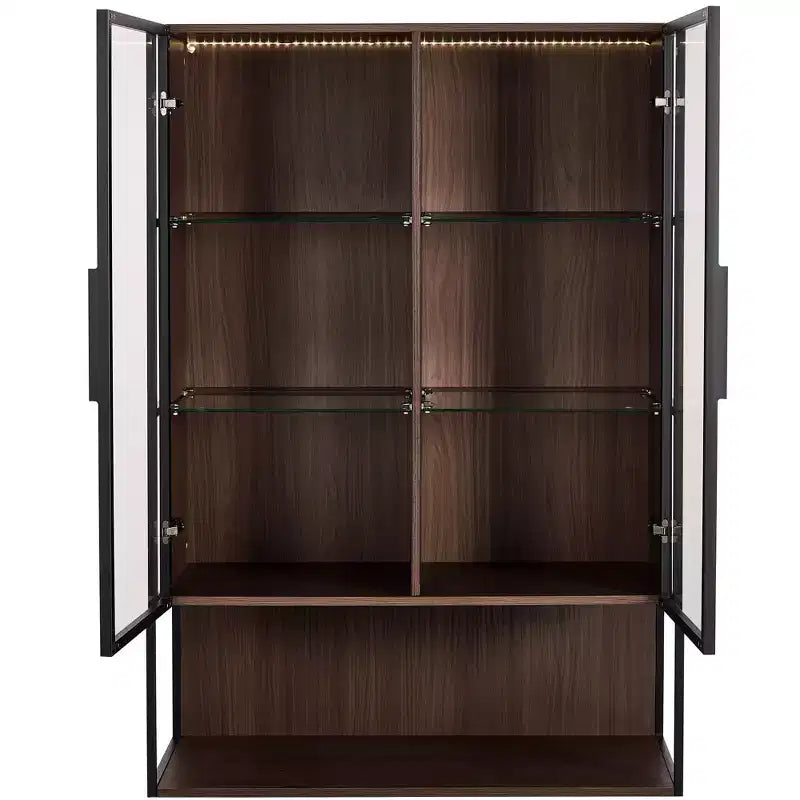 Okak Freestanding Sideboard Pantry Cabinet with Glass Door & LED, 4-Tier Display Curio Cabinet with 2 Drawers for Living Room Kitchen