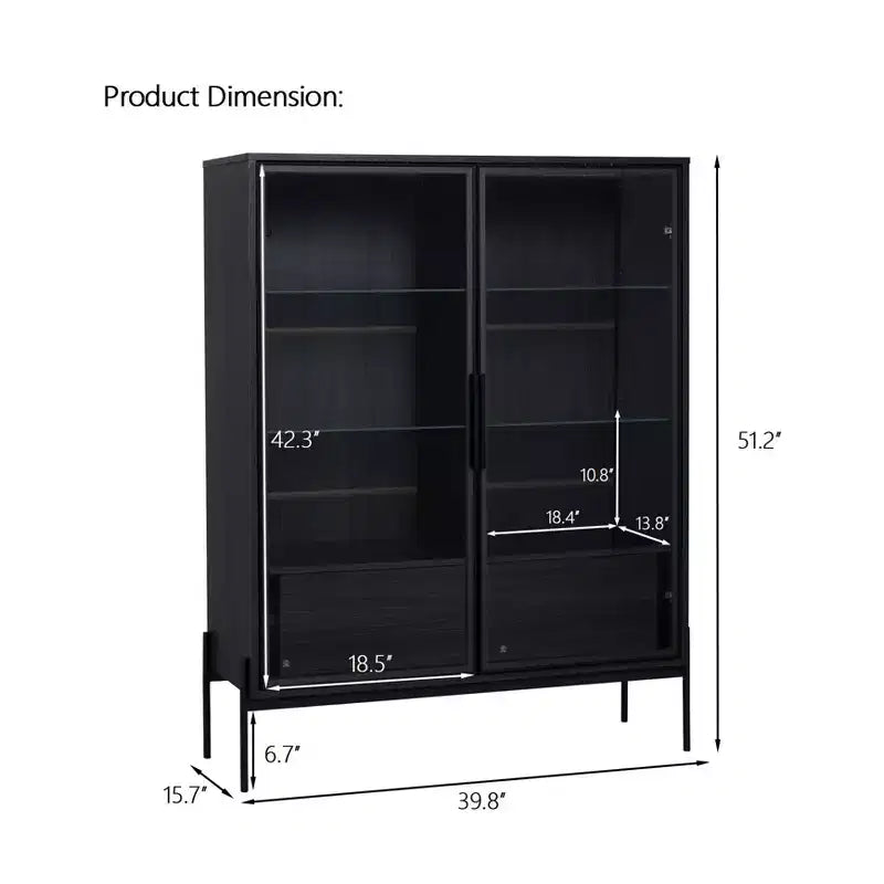 Okak Freestanding Sideboard Pantry Cabinet with Glass Door & LED, 4-Tier Display Curio Cabinet with 2 Drawers for Living Room Kitchen