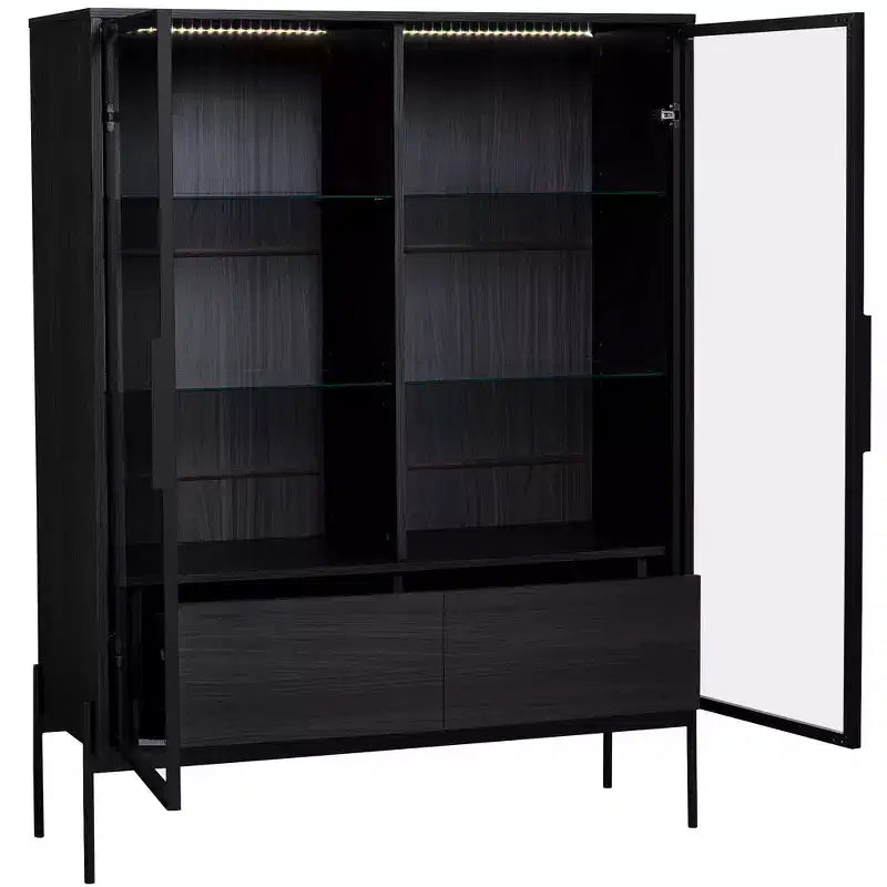 Okak Freestanding Sideboard Pantry Cabinet with Glass Door & LED, 4-Tier Display Curio Cabinet with 2 Drawers for Living Room Kitchen