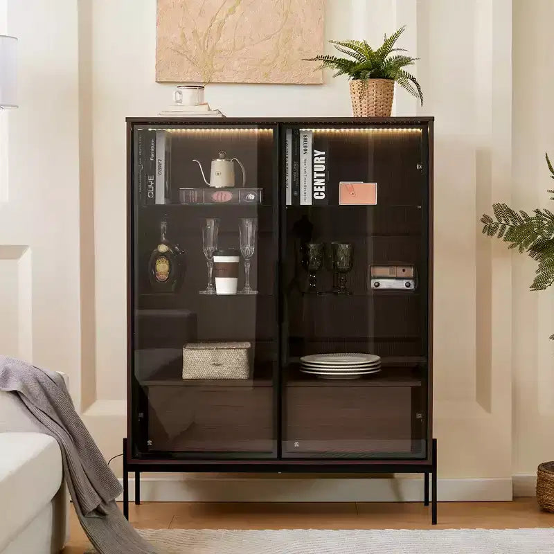 Okak Freestanding Sideboard Pantry Cabinet with Glass Door & LED, 4-Tier Display Curio Cabinet with 2 Drawers for Living Room Kitchen