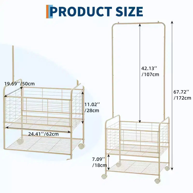 Laundry Cart, Metal 3-In-1 Rolling Hamper with Hanging Rack & Shelves - Space Saving Organizer for Apartment Bathroom