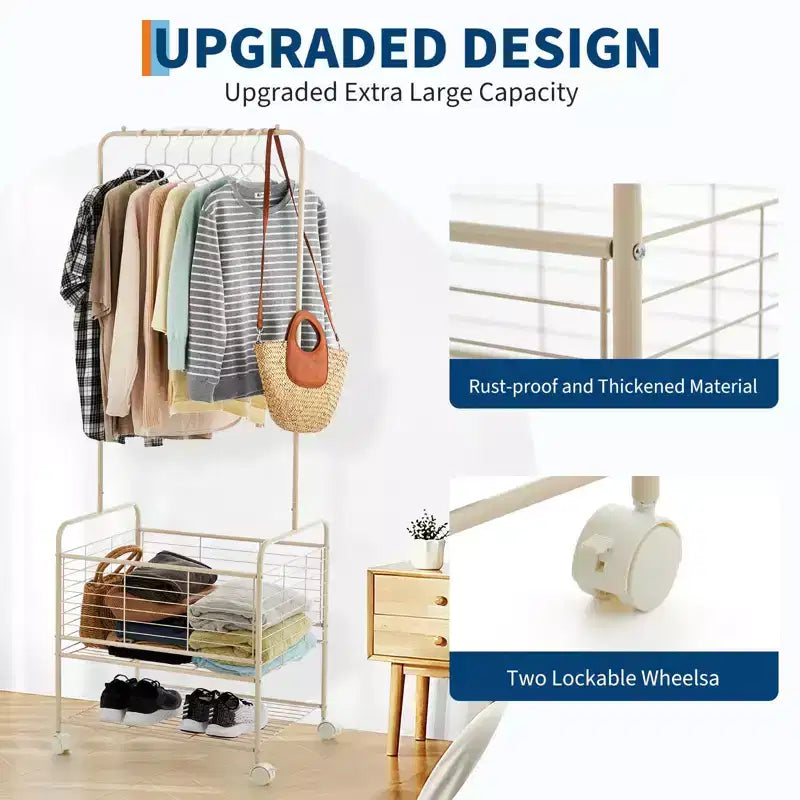 Laundry Cart, Metal 3-In-1 Rolling Hamper with Hanging Rack & Shelves - Space Saving Organizer for Apartment Bathroom