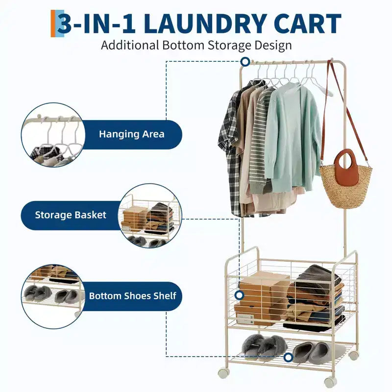 Laundry Cart, Metal 3-In-1 Rolling Hamper with Hanging Rack & Shelves - Space Saving Organizer for Apartment Bathroom