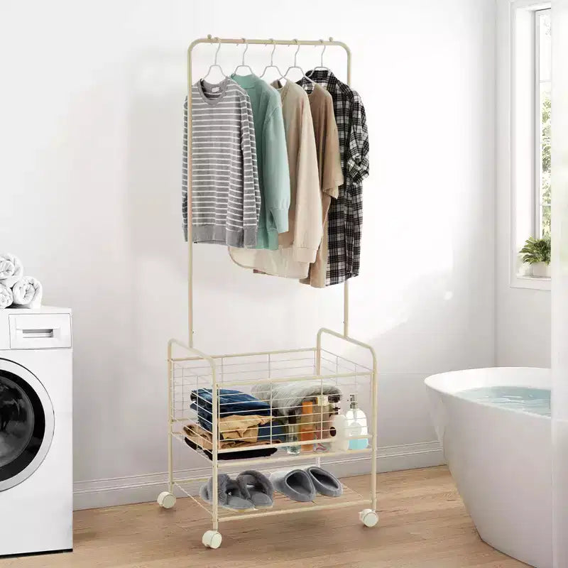 Laundry Cart, Metal 3-In-1 Rolling Hamper with Hanging Rack & Shelves - Space Saving Organizer for Apartment Bathroom