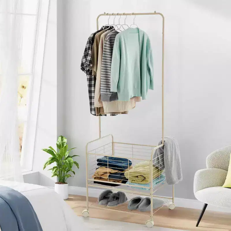 Laundry Cart, Metal 3-In-1 Rolling Hamper with Hanging Rack & Shelves - Space Saving Organizer for Apartment Bathroom