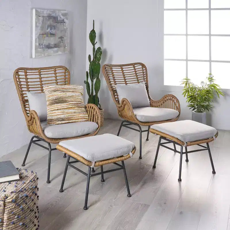 GDFStudio Izidro Indoor Boho Modern Wicker 4 Piece Club Chair and Ottoman Set