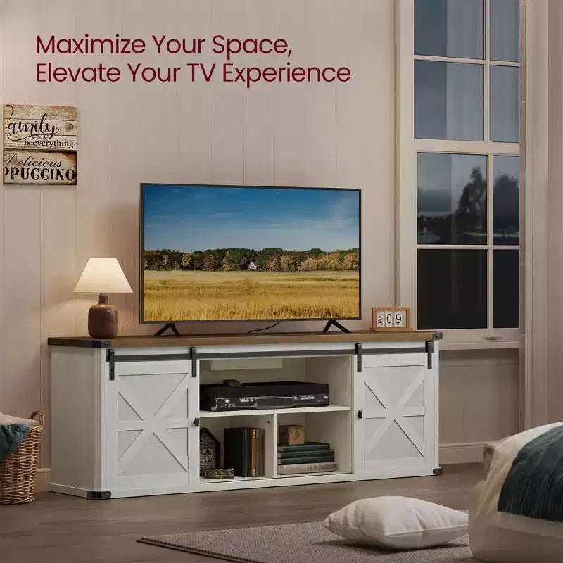 Farmhouse TV Stand for 75 TVs - 70 Media Console with Sliding Barn Doors, 6-Outlet Charging Station & Cable Management, Rustic Finish