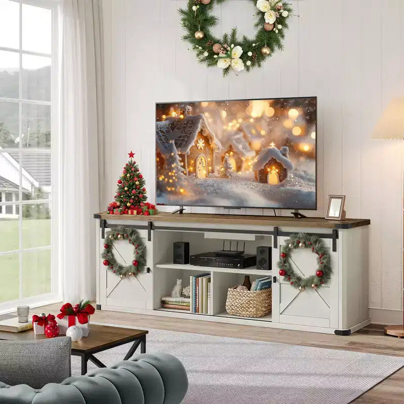 Farmhouse TV Stand for 75 TVs - 70 Media Console with Sliding Barn Doors, 6-Outlet Charging Station & Cable Management, Rustic Finish