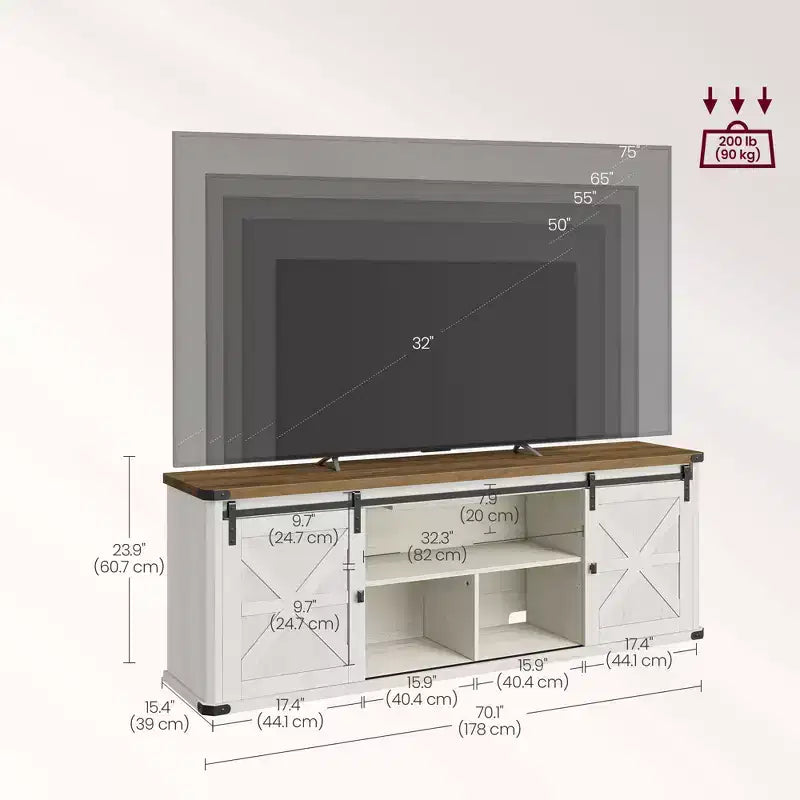 Farmhouse TV Stand for 75 TVs - 70 Media Console with Sliding Barn Doors, 6-Outlet Charging Station & Cable Management, Rustic Finish
