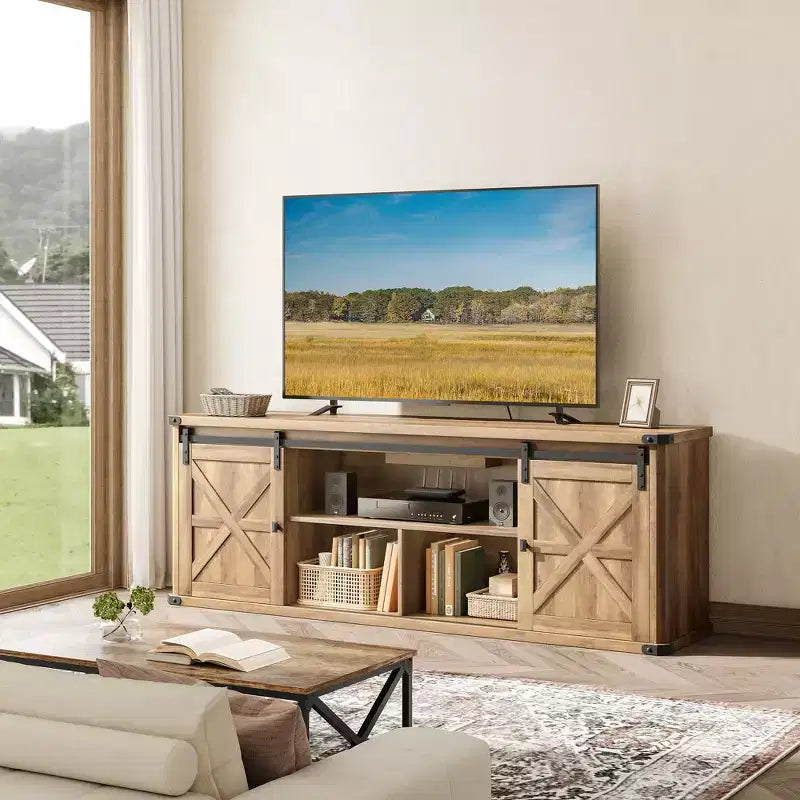 Farmhouse TV Stand for 75 TVs - 70 Media Console with Sliding Barn Doors, 6-Outlet Charging Station & Cable Management, Rustic Finish