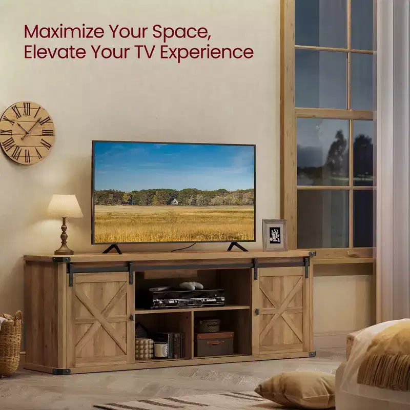 Farmhouse TV Stand for 75 TVs - 70 Media Console with Sliding Barn Doors, 6-Outlet Charging Station & Cable Management, Rustic Finish