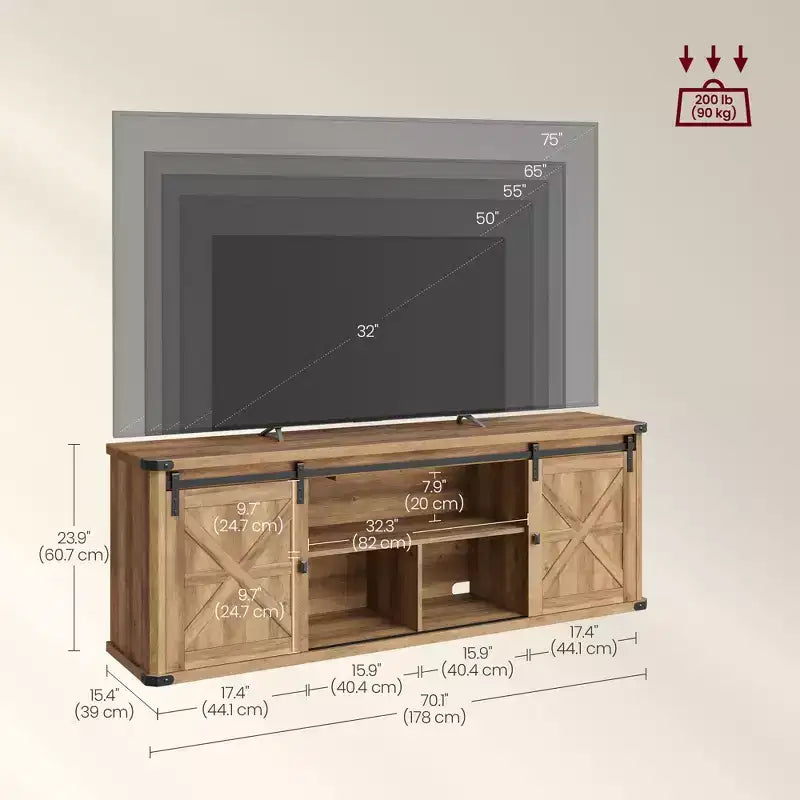Farmhouse TV Stand for 75 TVs - 70 Media Console with Sliding Barn Doors, 6-Outlet Charging Station & Cable Management, Rustic Finish