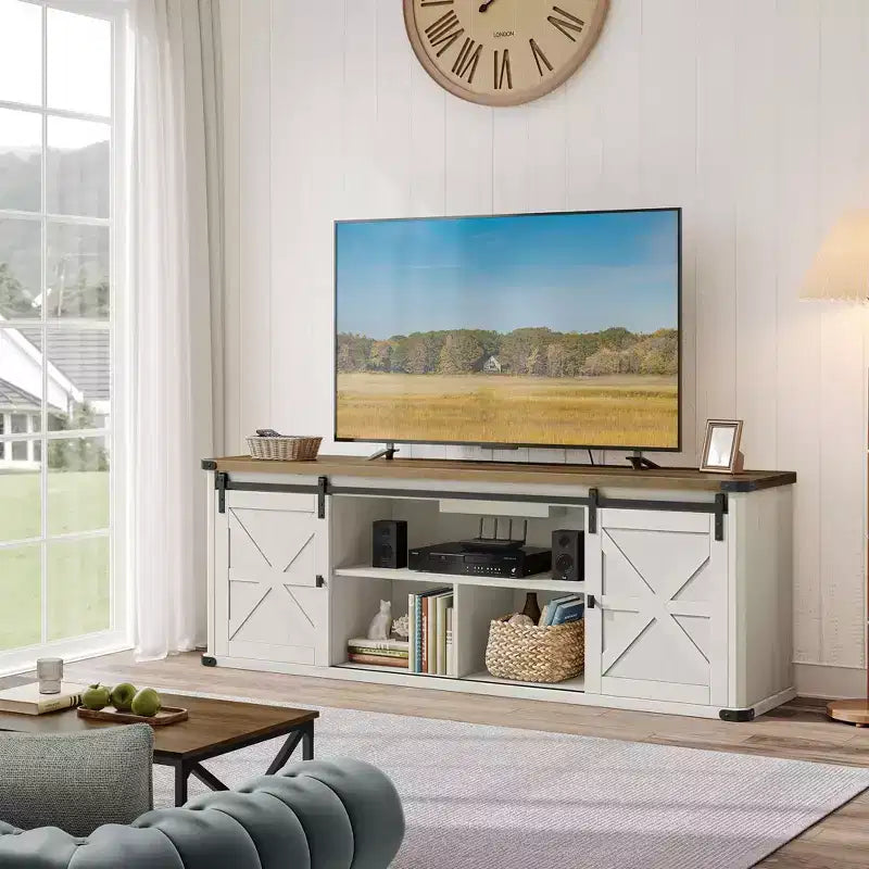 Farmhouse TV Stand for 75 TVs - 70 Media Console with Sliding Barn Doors, 6-Outlet Charging Station & Cable Management, Rustic Finish