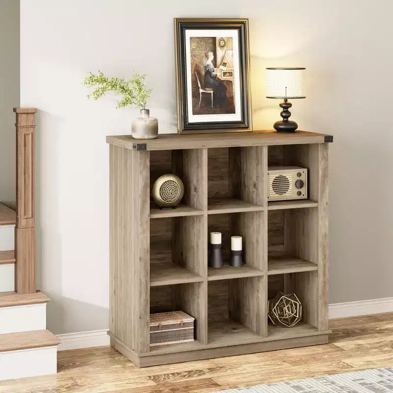9 Cube Storage Organizer Bookshelf, 4 Tier Farmhouse Horizontal Bookcase, 37.4 Inch Wood Storage Bookcas