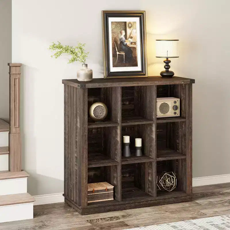 9 Cube Storage Organizer Bookshelf, 4 Tier Farmhouse Horizontal Bookcase, 37.4 Inch Wood Storage Bookcas