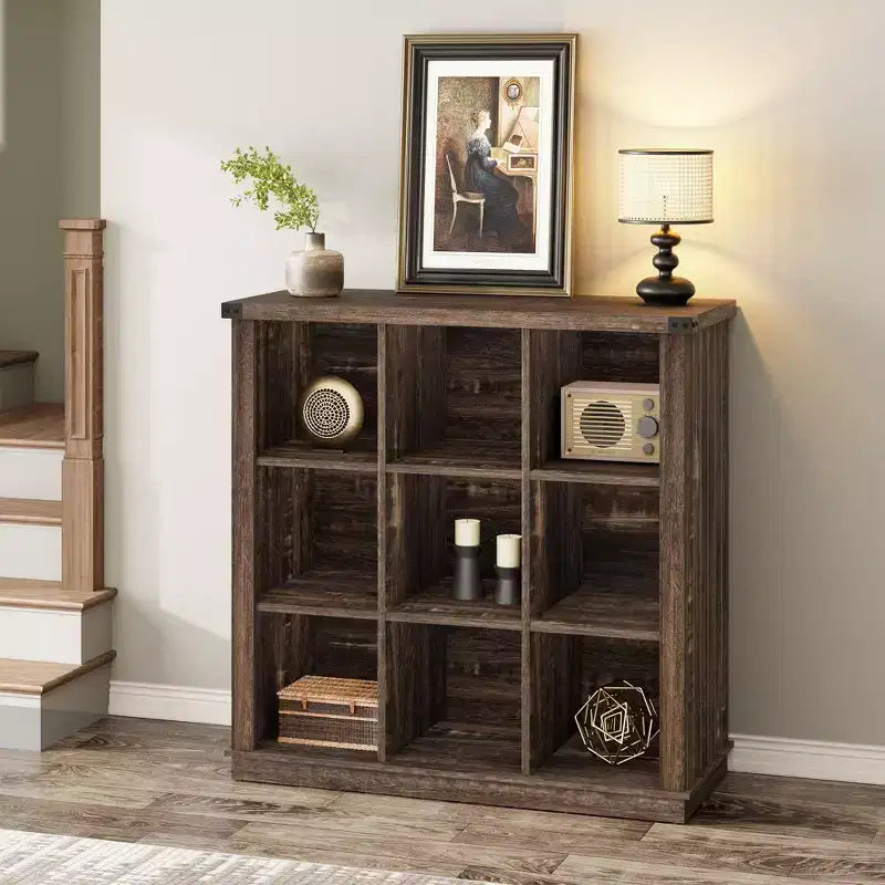 9 Cube Storage Organizer Bookshelf, 4 Tier Farmhouse Horizontal Bookcase, 37.4 Inch Wood Storage Bookcas