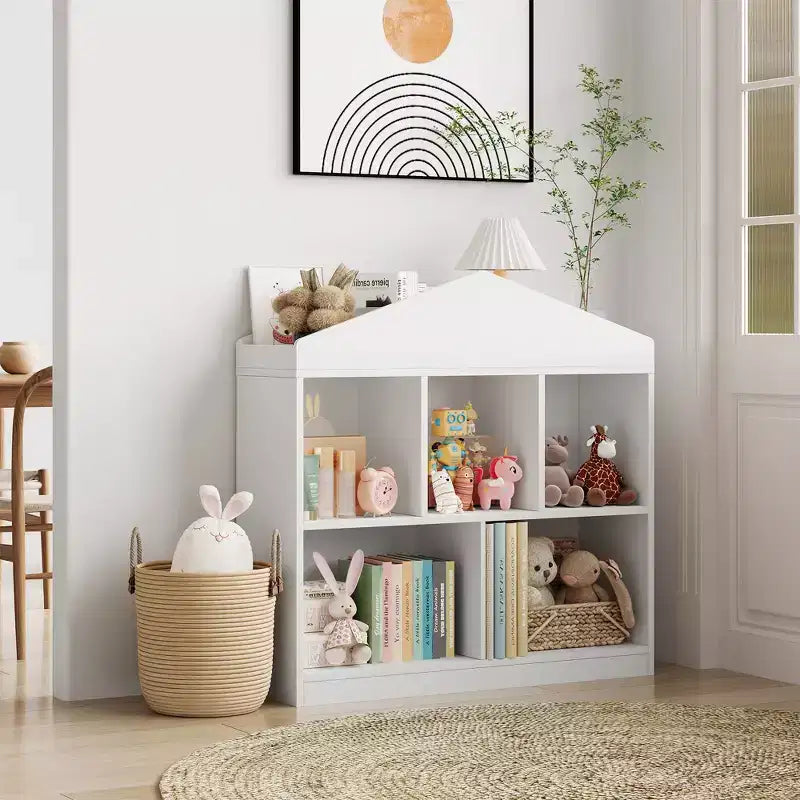 Kids Bookshelf White Toy Storage Organizer 5-Cubby Bookcase Toddlers Playhouse Cabinet Shelf Wooden Cubby Storage