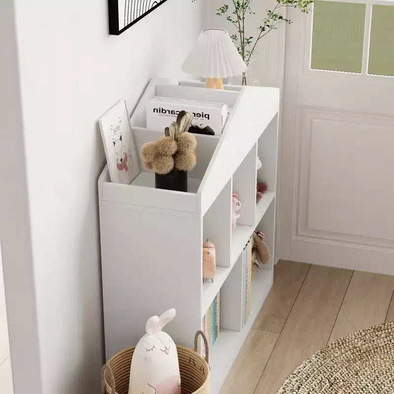 Kids Bookshelf White Toy Storage Organizer 5-Cubby Bookcase Toddlers Playhouse Cabinet Shelf Wooden Cubby Storage